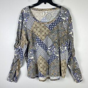 Cato Top XL Ruched Long Sleeve Stretch Boho Patchwork